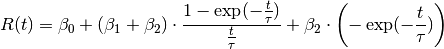 R(t) = \beta_{0} + \left(\beta_{1} + \beta_{2}\right) \cdot \frac{1
     - \exp(-\frac{t}{\tau})}{\frac{t}{\tau}}
     + \beta_{2} \cdot \left(-\exp(-\frac{t}{\tau})\right)